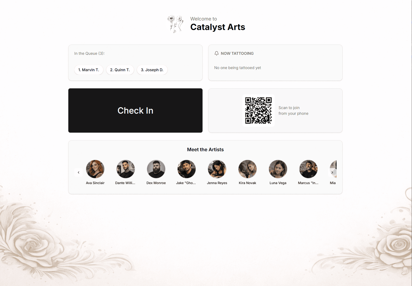 TattooQueue kiosk display showing live walk-in queue