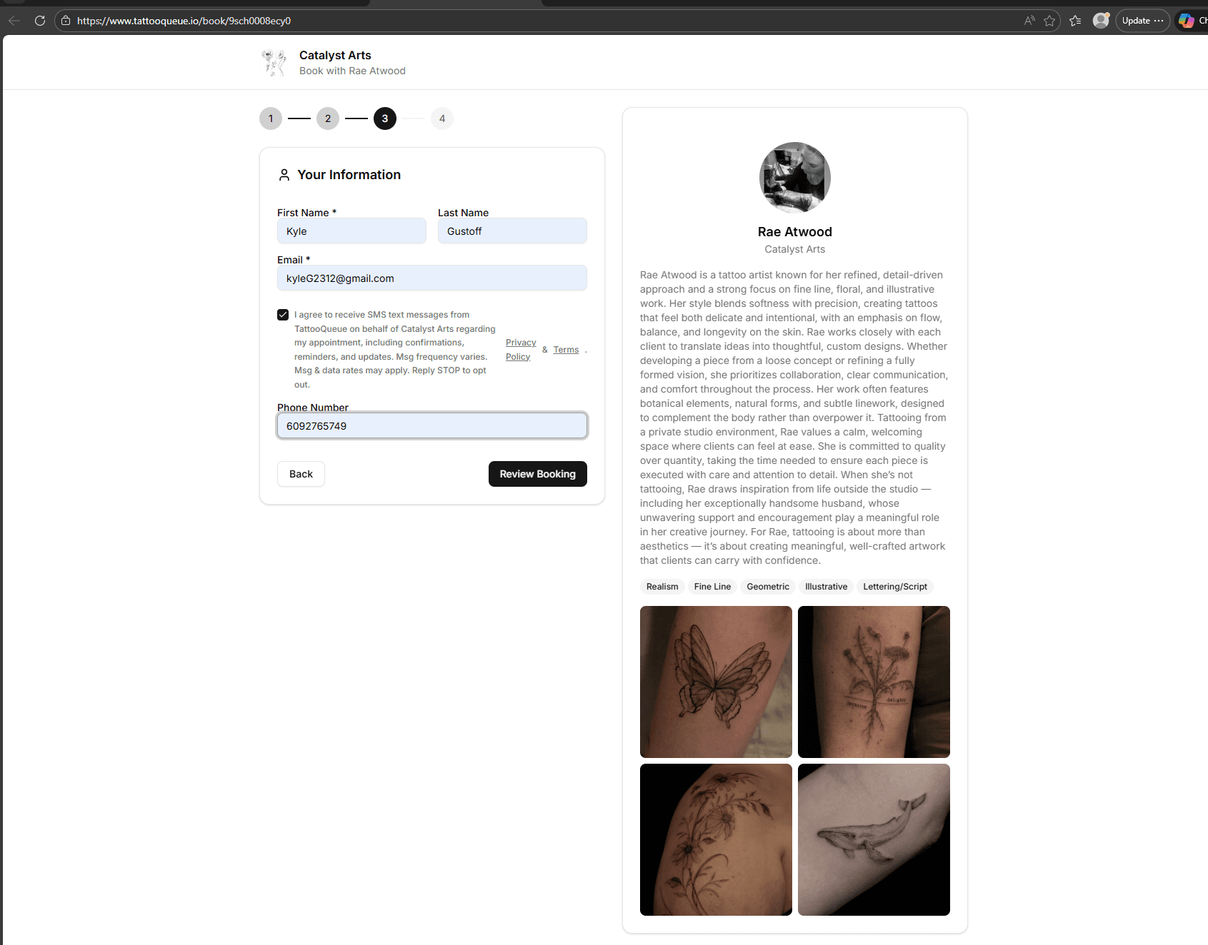 Online booking form with checked SMS consent checkbox and phone number field visible