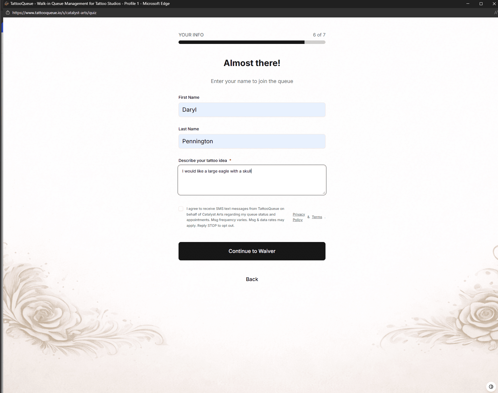 Walk-in queue form with unchecked SMS consent checkbox and no phone number field