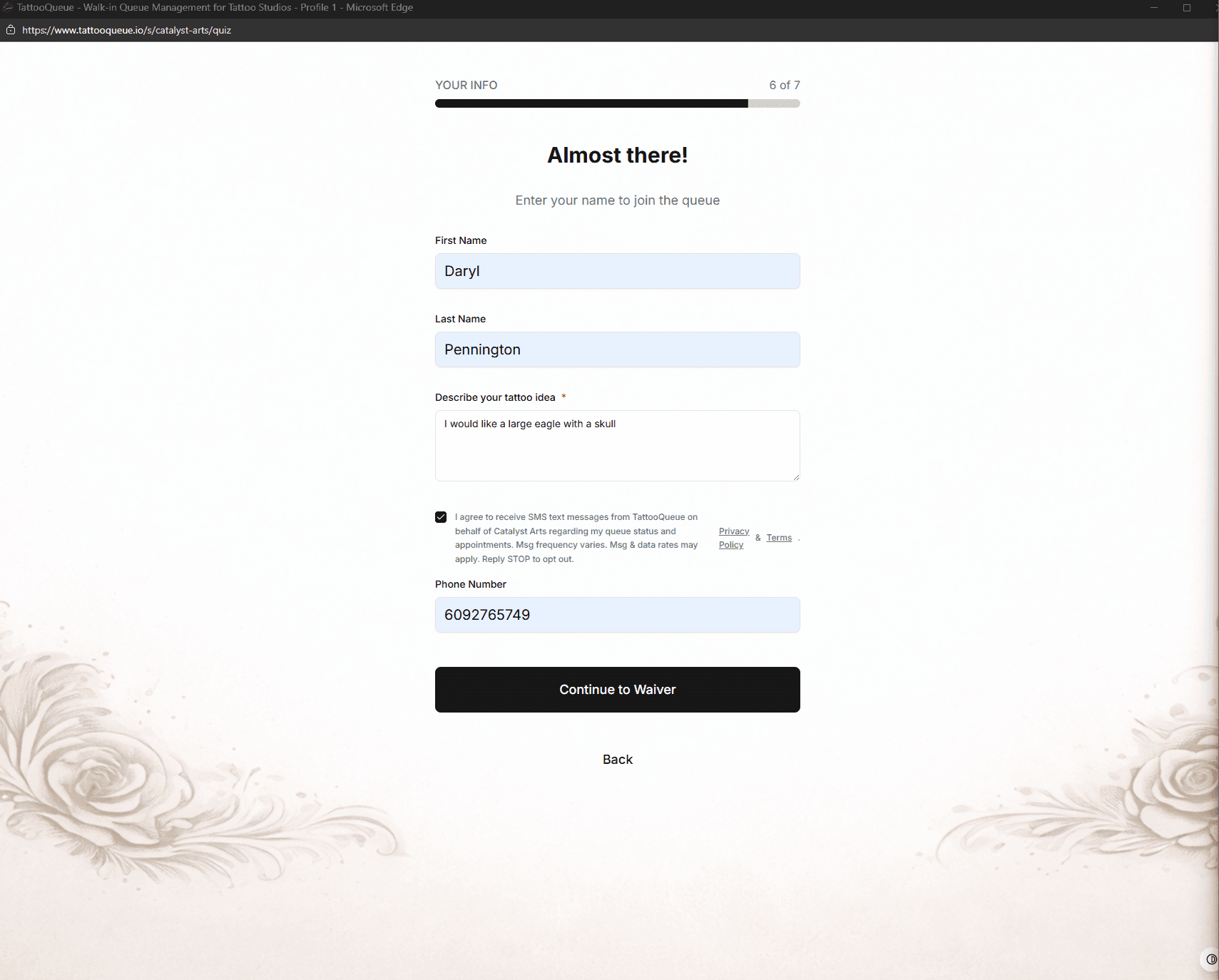 Walk-in queue form with checked SMS consent checkbox and phone number field visible